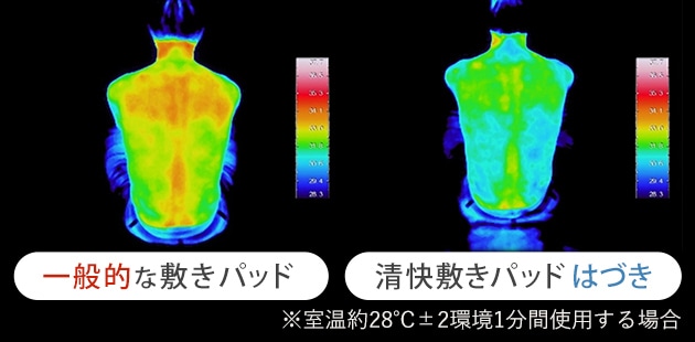 一般的な敷きパッドと清快敷きパッドはづきを比較 ※室温約28℃±2環境1分間使用する場合