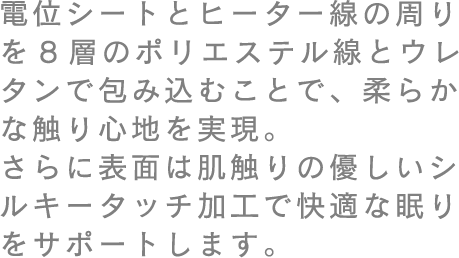 �d�ʃV�[�g�ƃq�[�^�[���̎����8�w�̃|���G�X�e�����ƃE���^���ŕ�ݍ��ނ��ƂŁA�_�炩�ȐG��S�n�������B����ɕ\�ʂ͔��G��̗D�����V���L�[�^�b�`���H�ŉ��K�Ȗ�����T�|�[�g���܂��B